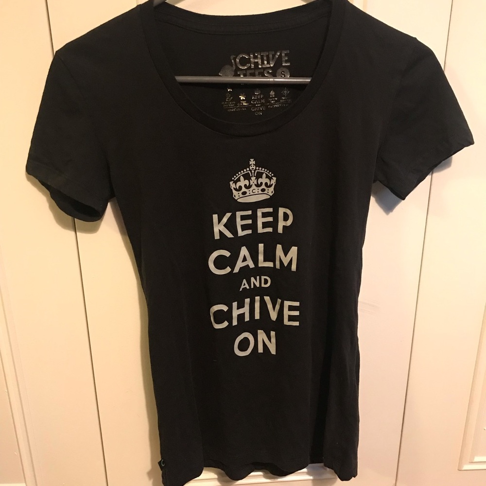 Black Keep Calm and Chive On shirt, size small